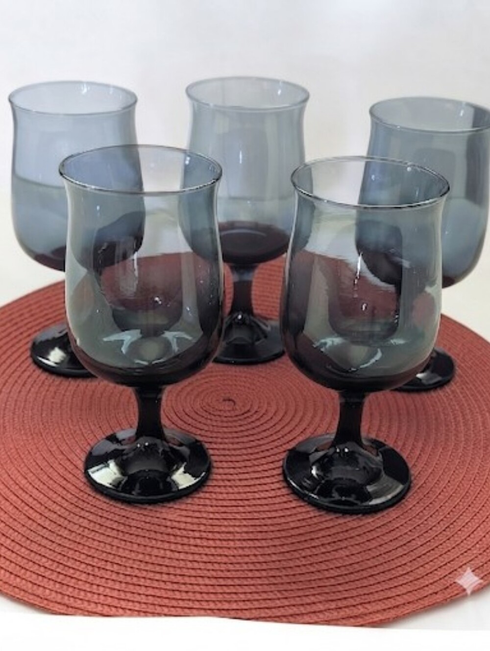 Vintage Smoke Grey Stemmed Wine Glasses Goblets Set of 5 Retro Barware